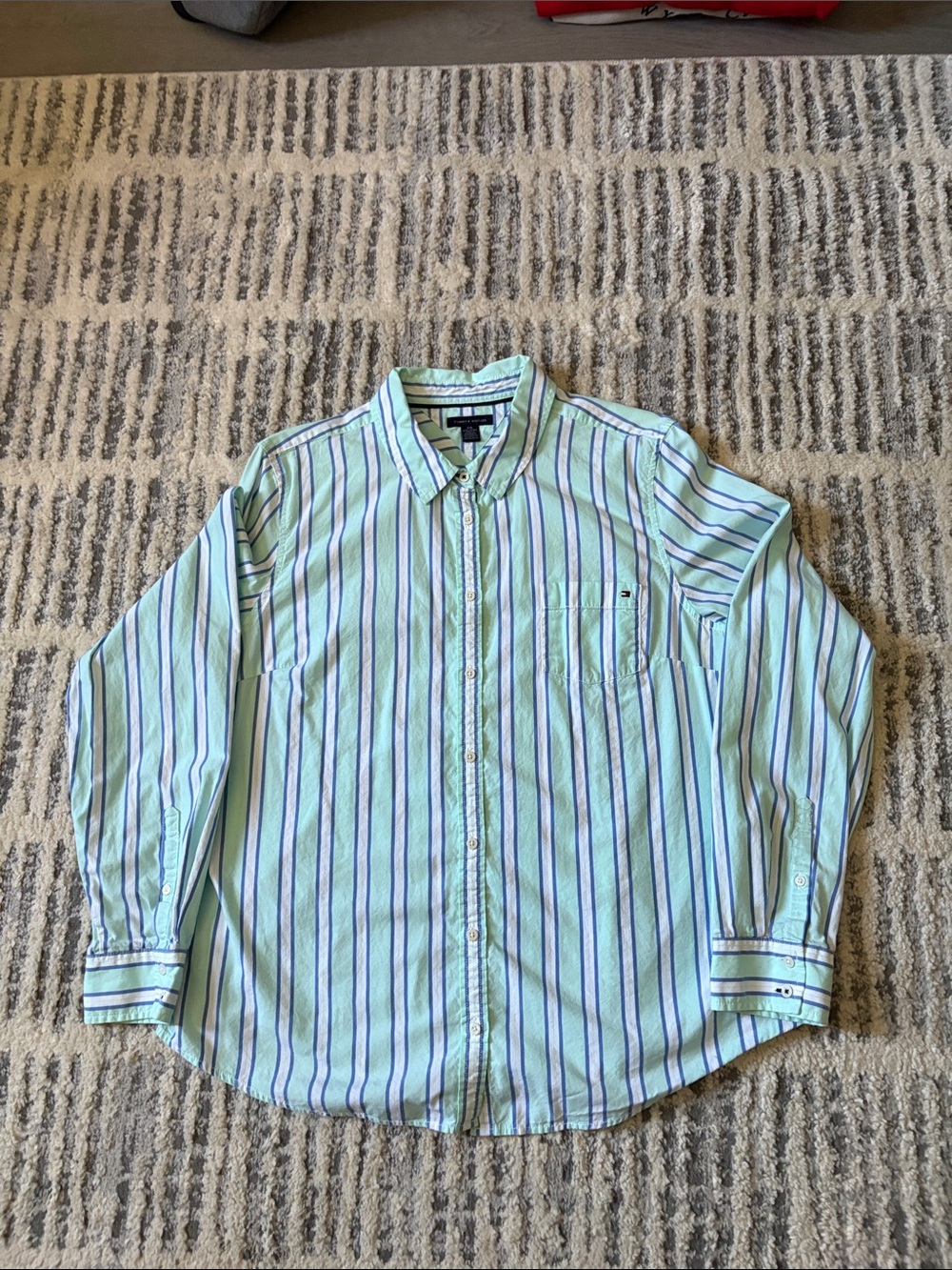 Women’s Tommy Hilfiger Mint Green and Navy Striped Button-Down Shirt